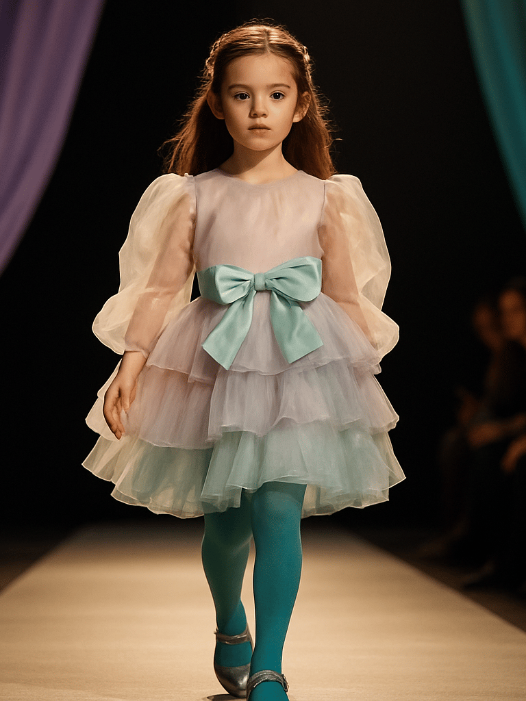Wide editorial frame — a child in full runway-ready styling standing mid-stride at the end of a runway aisle, warm studio strobes casting dramatic side light, lavender and teal fabric elements in the background, parents blurred in the audience beyond, shot from slightly below to convey presence and height