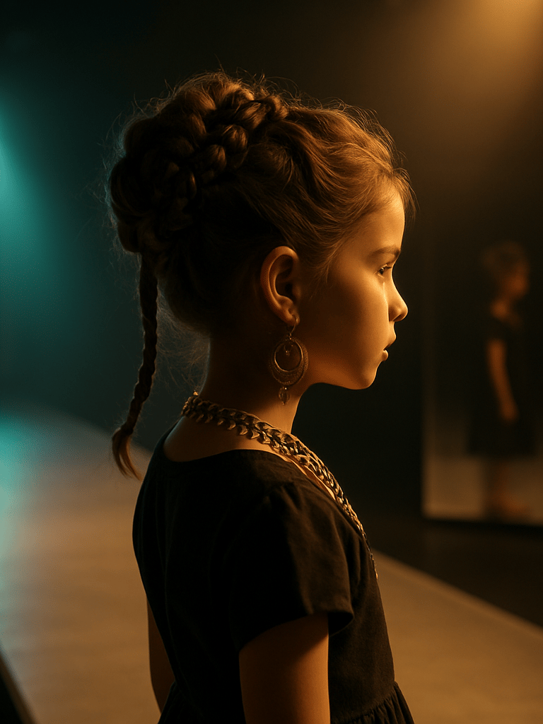 Close editorial frame, young child in full styled hair standing at the edge of a runway, warm studio strobe light catching intricate braids and gold accessories, mirror reflection visible in the background, teal and lavender light spilling from stage left