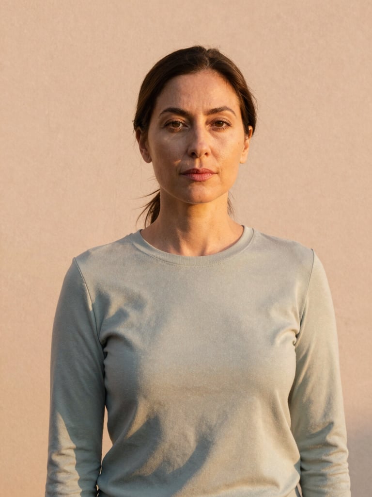 Retrato editorial de una mujer serena y fuerte, posiblemente la fundadora, en un entorno minimalista con luz natural cálida, transmitiendo confianza y calma.