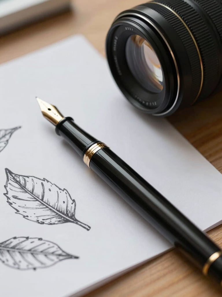 Close-up of design tools, a classic dip pen, and ink drawings of leaves on a wooden table, soft overcast daylight