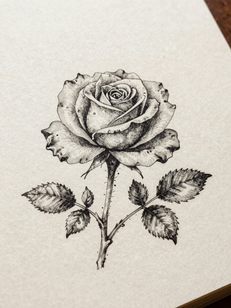 An ink sketch of a delicate rose branch on textured handmade paper, soft diffused daylight, macro detail
