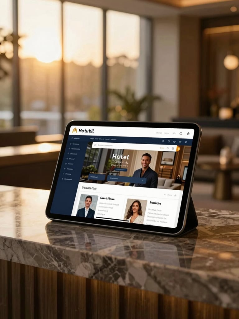 A clean modern tablet displaying a sophisticated hotel guest chat interface on a polished marble reception desk, warm golden-hour side light, shallow depth of field, luxury hotel lobby background