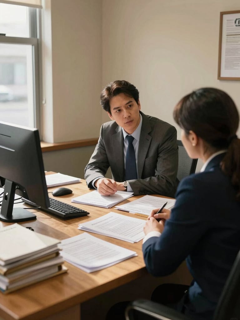 Wide environmental shot of a local insurance agency interior during work hours — natural window light falling across a wood desk covered in policy documents, an agent leaning forward in conversation with a client seated across from them, real files and folders visible, warm mid-tone walls, unhurried office atmosphere
