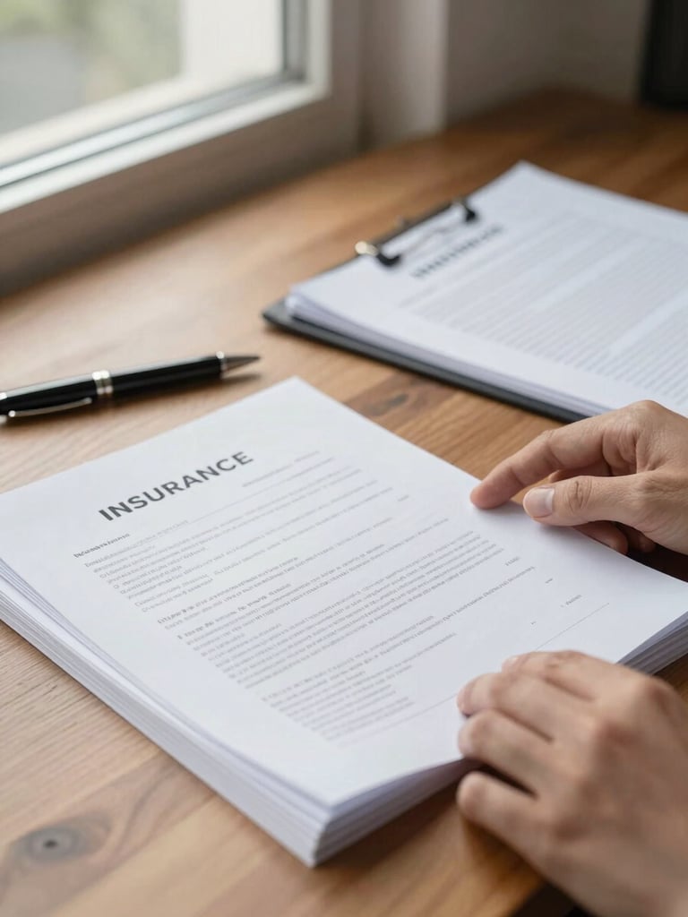 Close-up of hands turning through a multi-page insurance policy document on a wooden desk, natural side window light catching the paper edges, a pen resting alongside, another open folder visible softly out of focus in the background