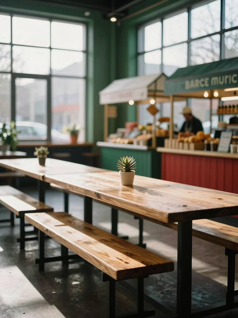 Cozy Scandinavian-style food hall with natural morning light streaming through high windows, long wooden communal tables, and vibrant food stalls in the background, 35mm photography.