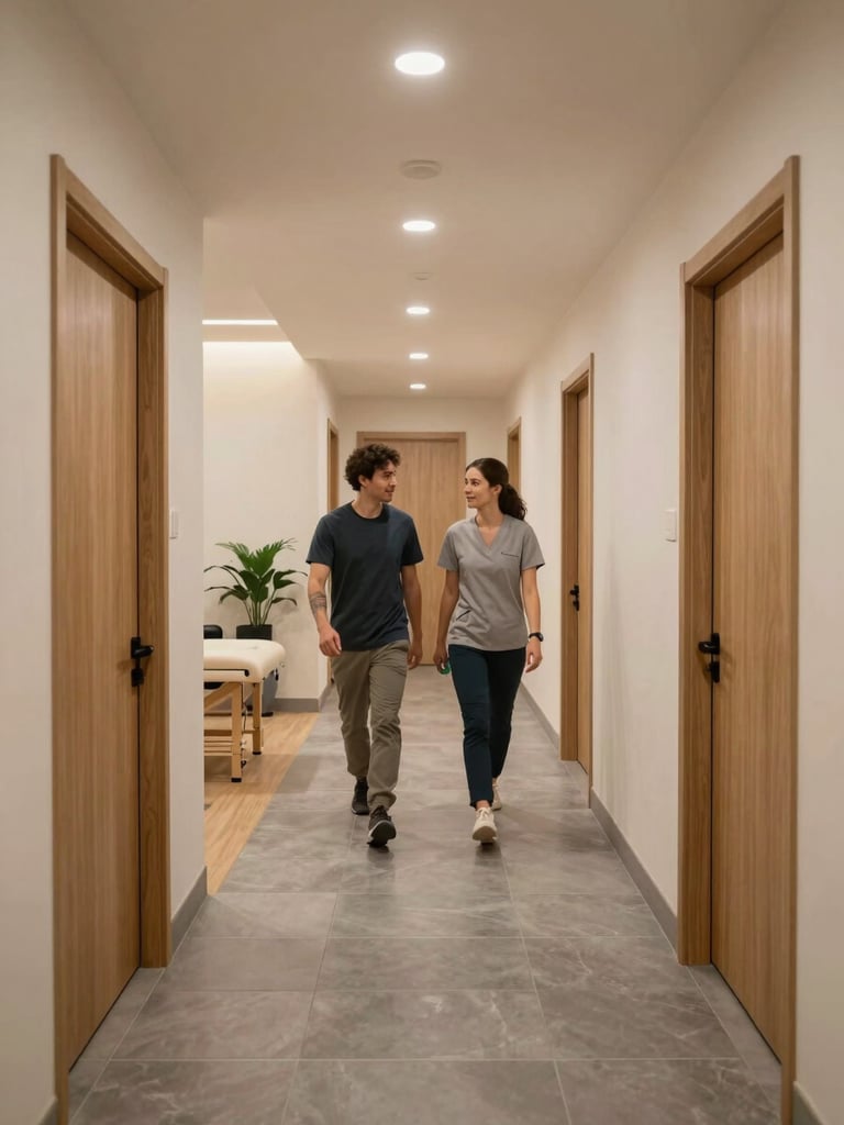 Wide environmental shot of a modern wellness center hallway connecting a fitness area to a clinical treatment wing, warm gray tile floors, natural wood doors, a client and therapist walking together mid-conversation, soft warm overhead lighting