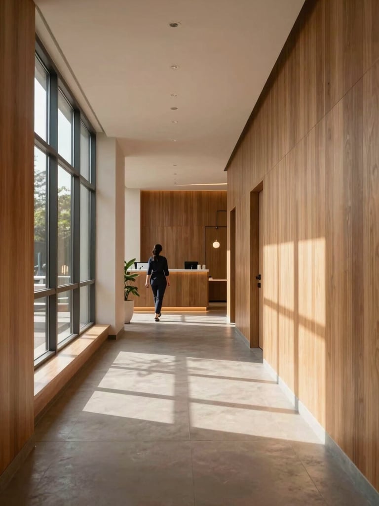 Wide interior corridor of a modern wellness center, warm wood paneling on the right wall, soft daylight streaming through tall windows on the left, a reception desk visible in the background, clean warm-gray floors, subtle human presence of a staff member walking away, warm neutral tones