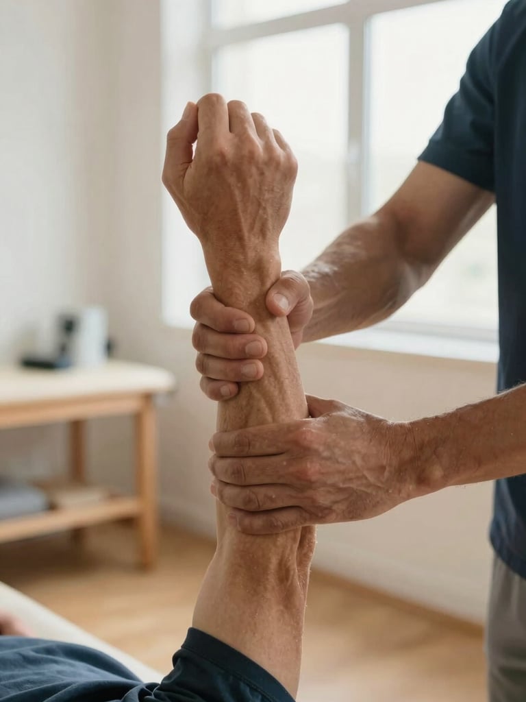 Close-up of a physical therapist's hands guiding a patient's arm through a rehabilitation movement in a bright treatment room, warm window light, natural wood furniture visible in the background, equipment in realistic use, no faces shown