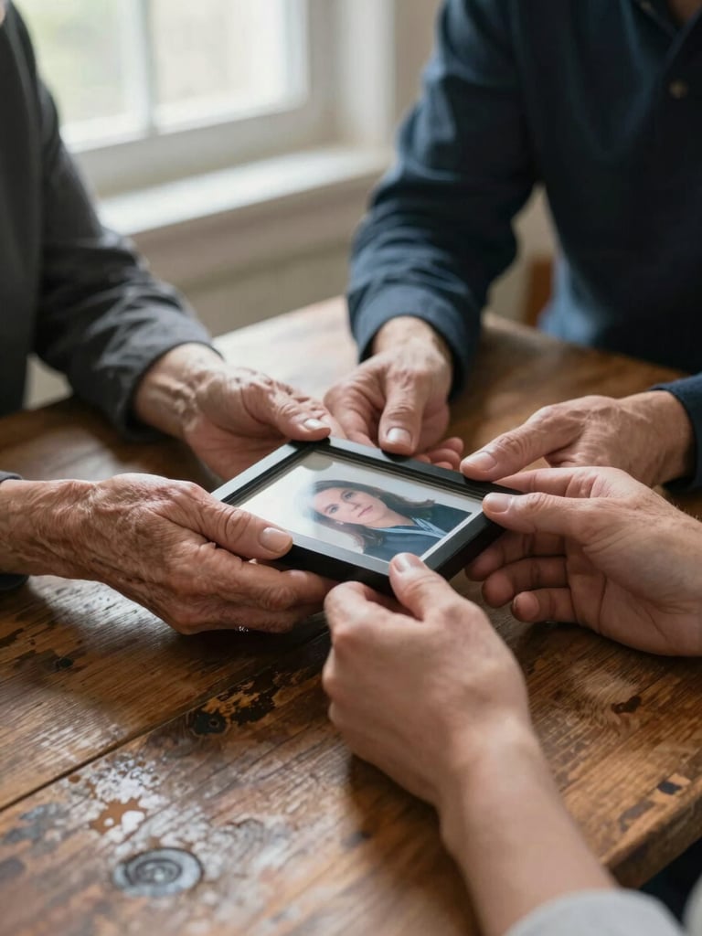 Close-up of two pairs of hands—an older woman's and a younger adult's—holding a small framed photograph together on a worn wooden table, soft morning window light, quiet and purposeful