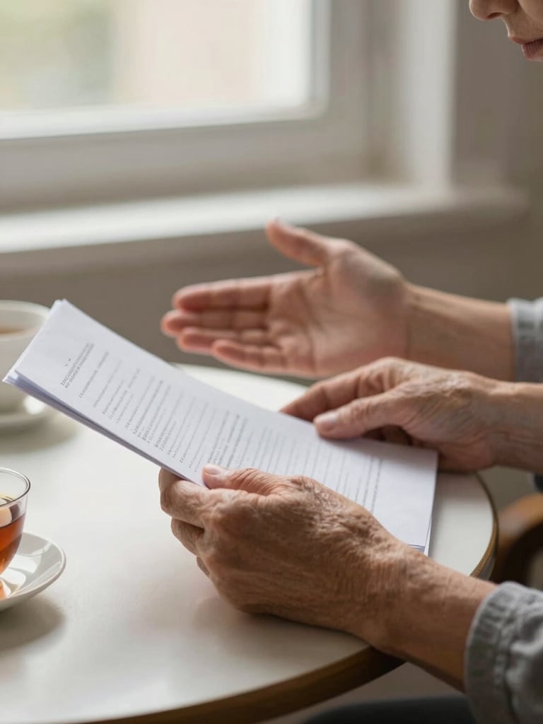 Close-up of two sets of hands across a small table, an older woman's hands holding a folded document, a younger woman's hands open beside hers, soft afternoon window light, a cup of tea just visible at the frame edge, warm and unhurried