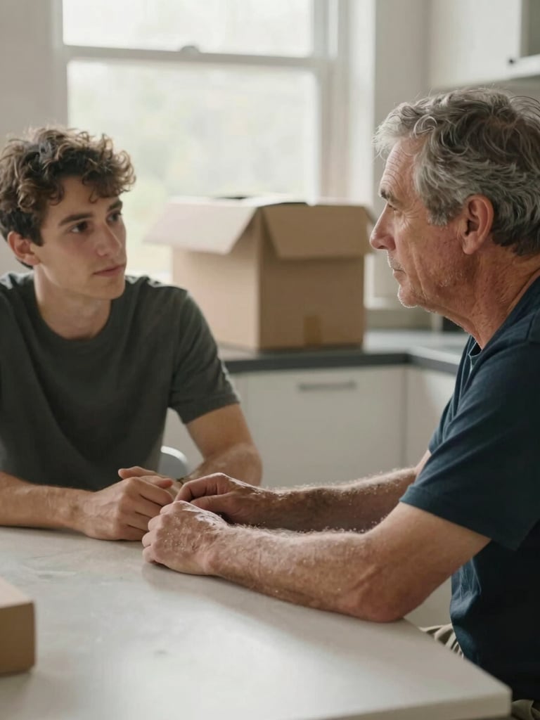 Medium shot of an older man and his adult son seated at a kitchen table, soft morning window light, the son's hand resting on his father's forearm, a half-packed cardboard box visible in the background out of focus, quiet and unhurried