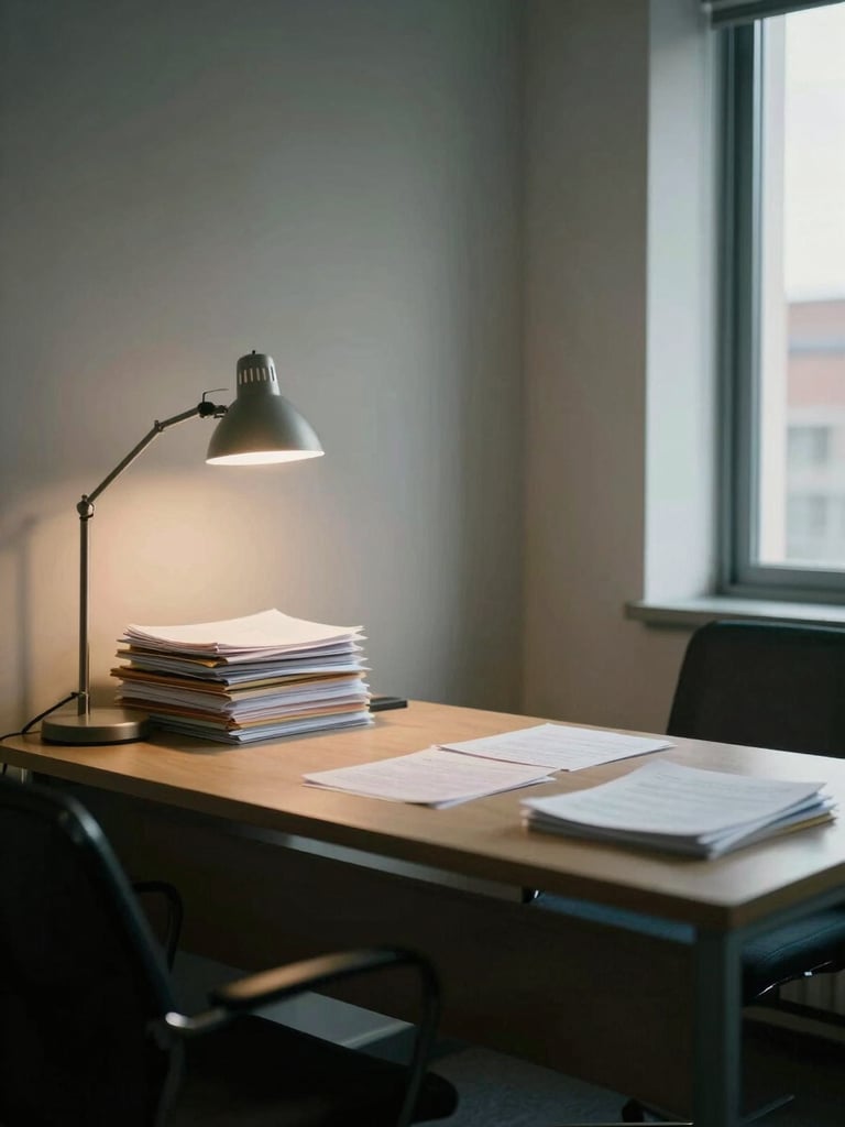 Wide shot of a quiet office interior, a single desk with a lamp casting overhead light on stacked paper files, window casting diffuse north light across the room, no people visible