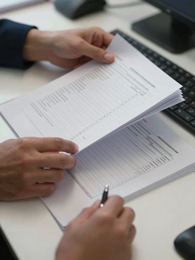 Hands flipping through a thick creditor correspondence file on a clean white desk, overhead office lighting, close-up detail of printed account statements, pen resting to the side