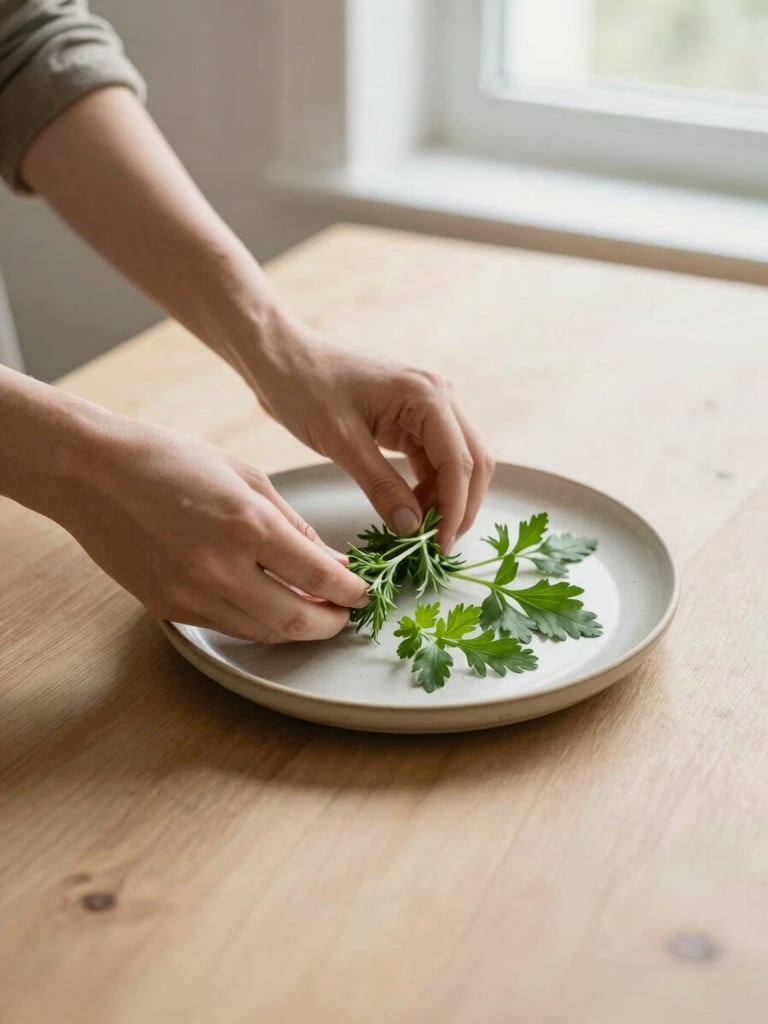 A vertical overhead shot of hands arranging fresh herbs on a ceramic plate, natural light, minimalist Scandinavian dining table, warm parchment tones.