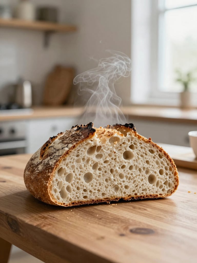 A vertical close-up of a rustic sourdough loaf sliced open on a wooden table, soft natural side-light highlighting the steam rising, Scandinavian kitchen background.