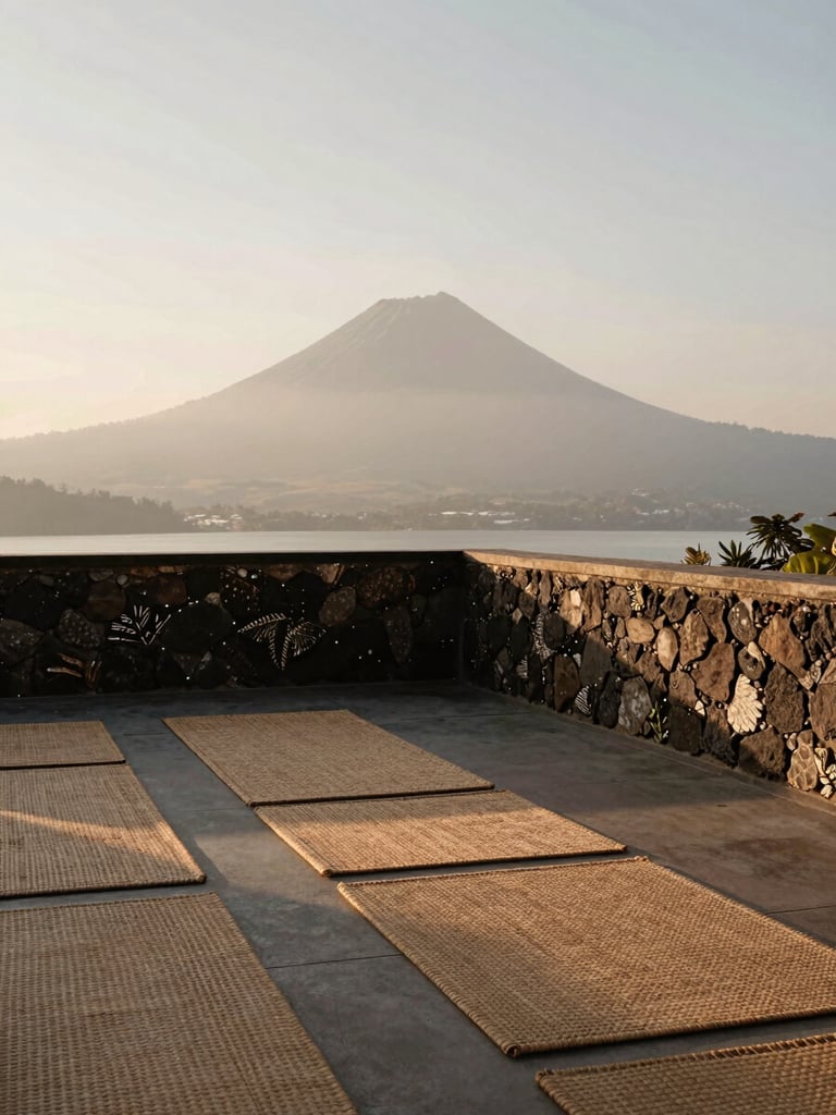 A minimalist architectural detail of CobAnanda yoga shala overlooking Lake Atitlan, soft morning light, woven floor mats, stone walls, serene atmosphere, 35mm photography
