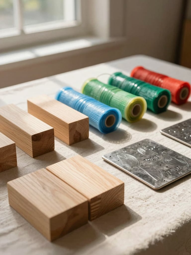 A flat-lay arrangement of raw materials on a linen surface: light oak wood blocks, colorful rolls of biodegradable PLA filament, and engraved metal plates, warm morning light, soft shadows