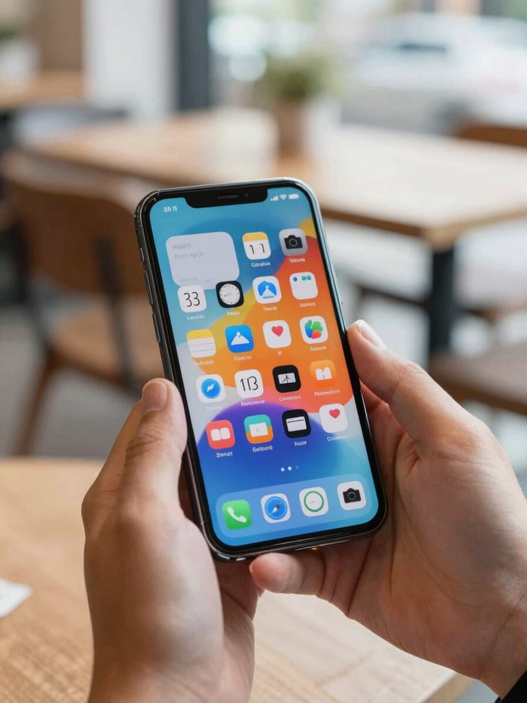 Close-up of hands holding a modern Android smartphone in a brightly lit cafe. The screen displays a vibrant, clean home screen with custom rounded app icons. Soft natural daylight, shallow depth of field.