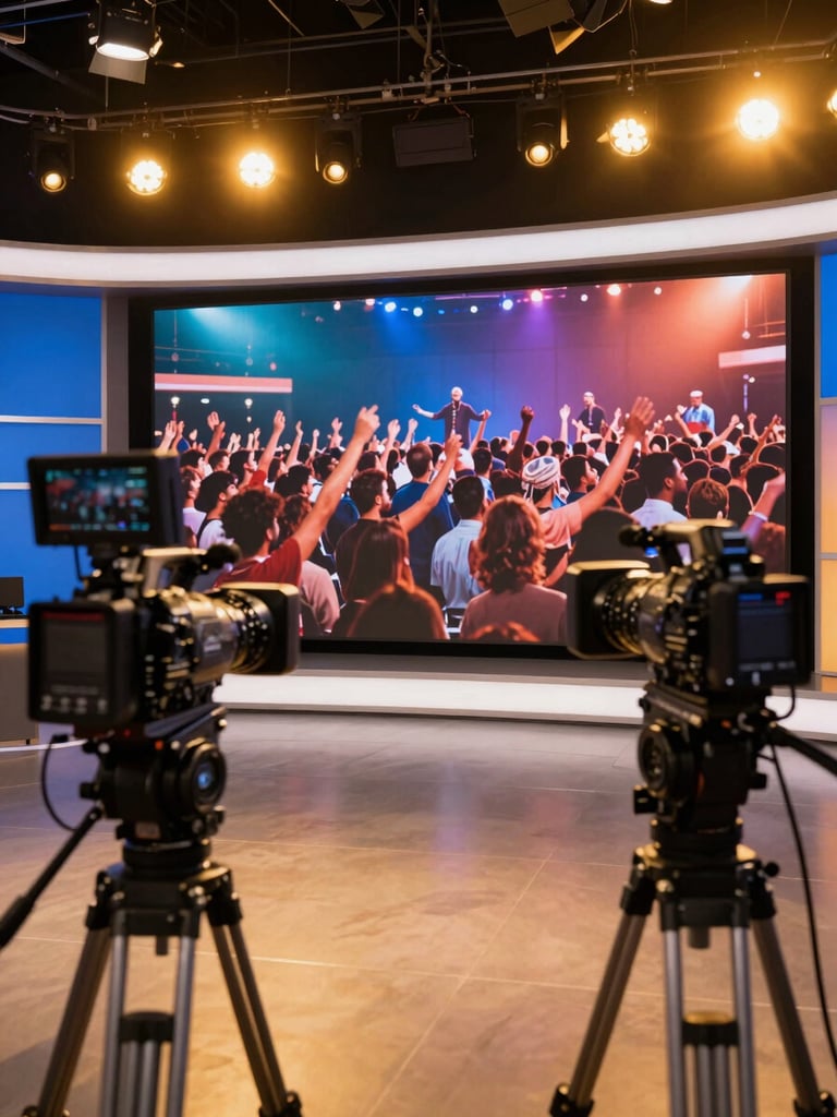 A professional television broadcast studio with high-end cameras, warm golden stage lighting, and a massive screen displaying a vibrant worship crowd in Dubai