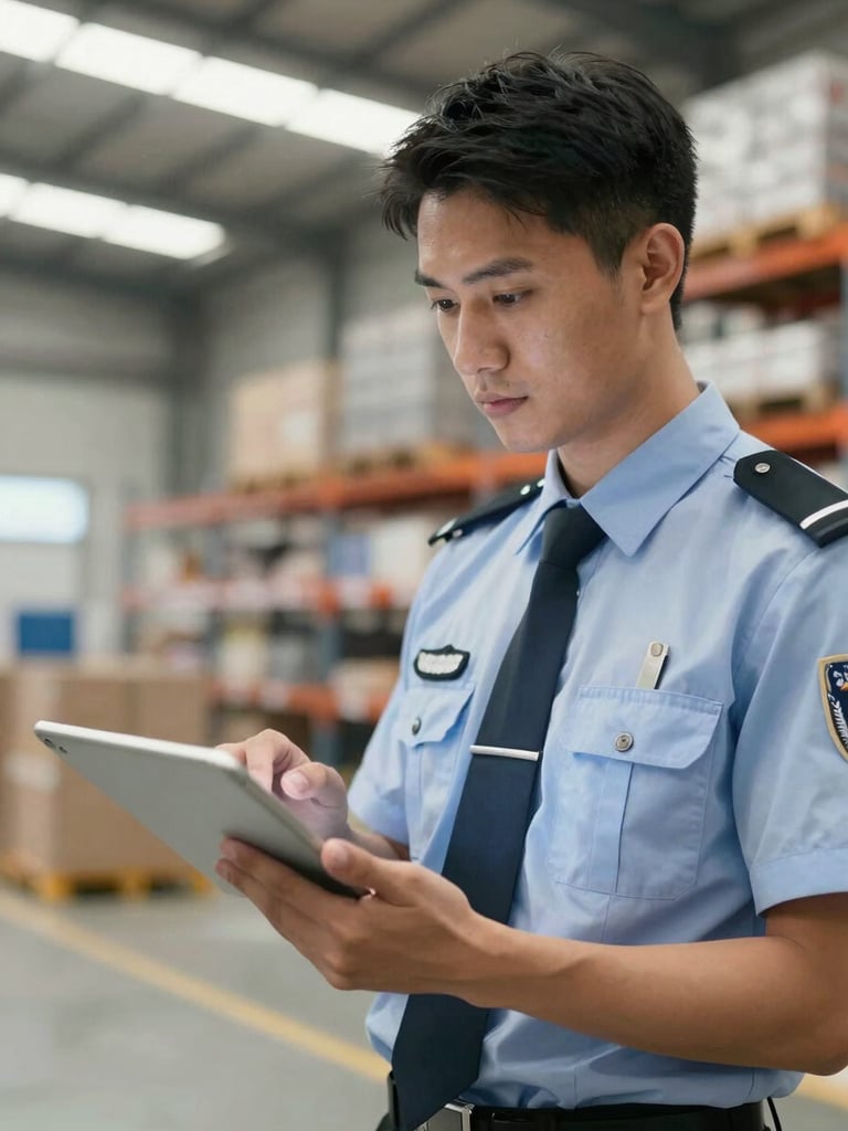 Medium-close shot of a disciplined compliance officer reviewing digital records on a tablet in a bright industrial warehouse, sharp focus, clean branded uniform, natural light.