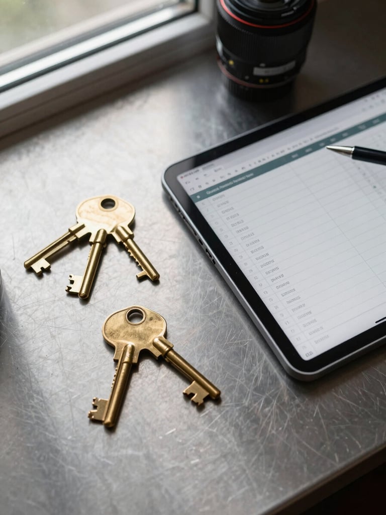 Top-down flat lay of brass keys on a clean steel desk next to a modern tablet displaying a structured spreadsheet, cool overcast window light.