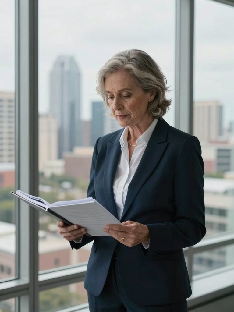 Medium shot of a senior female business professional in her early fifties standing at a floor-to-ceiling window in a professional office, looking down at an open folder of documents, overcast Austin skyline softly out of focus behind her, natural diffused window light, calm and composed