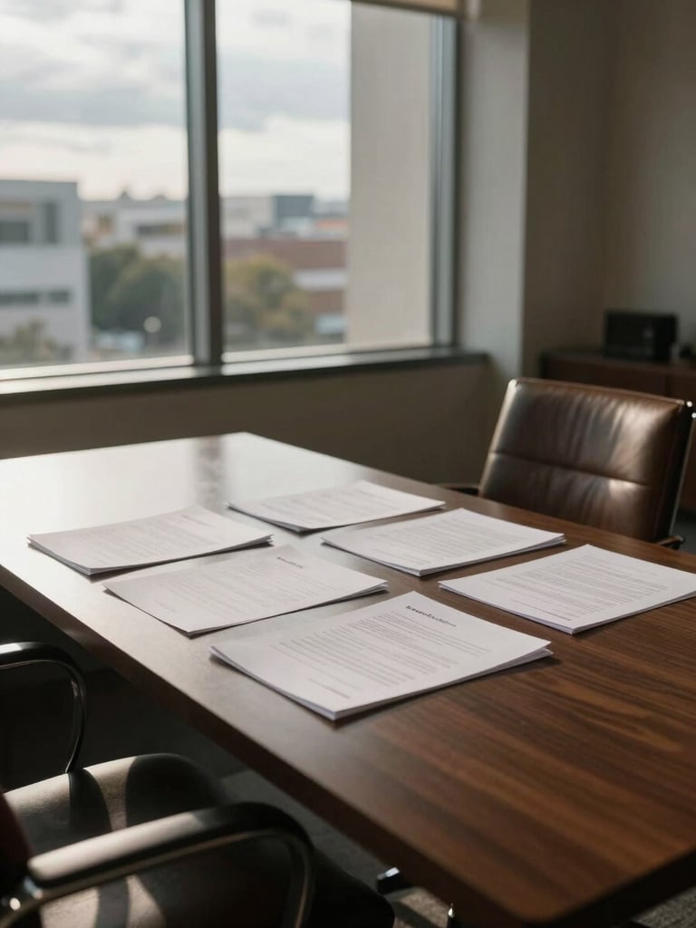 Wide shot of an empty deal table in a quiet Austin office, closing documents spread across the surface, two leather chairs flanking the table, late-afternoon window light falling from the left casting long soft shadows, overcast exterior visible through floor-to-ceiling glass behind