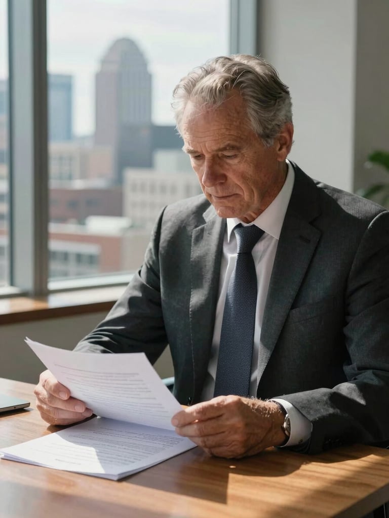 Medium shot of a senior male business professional in his late fifties seated at a wooden desk, reviewing a printed document with both hands resting on the page, natural window light from the left casting soft shadows, an Austin cityscape visible through the glass behind him, overcast daylight