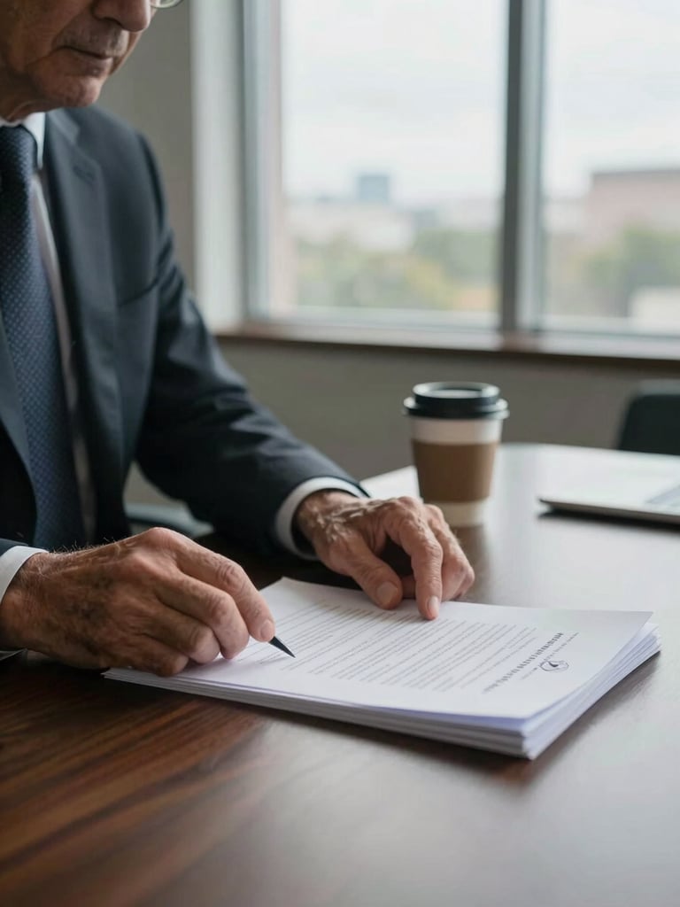 Medium shot of a senior professional's hands resting on a stack of closing documents at a conference table, early morning window light entering from the right side, a coffee cup slightly out of focus in the background, Austin office environment, overcast daylight