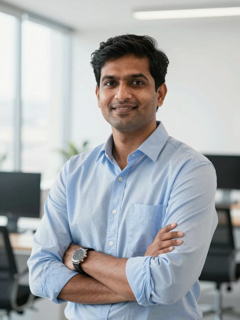 Professional, authentic portrait of an Indian founder in a bright, modern office space, high-key natural daylight, sharp focus, 35mm lens.