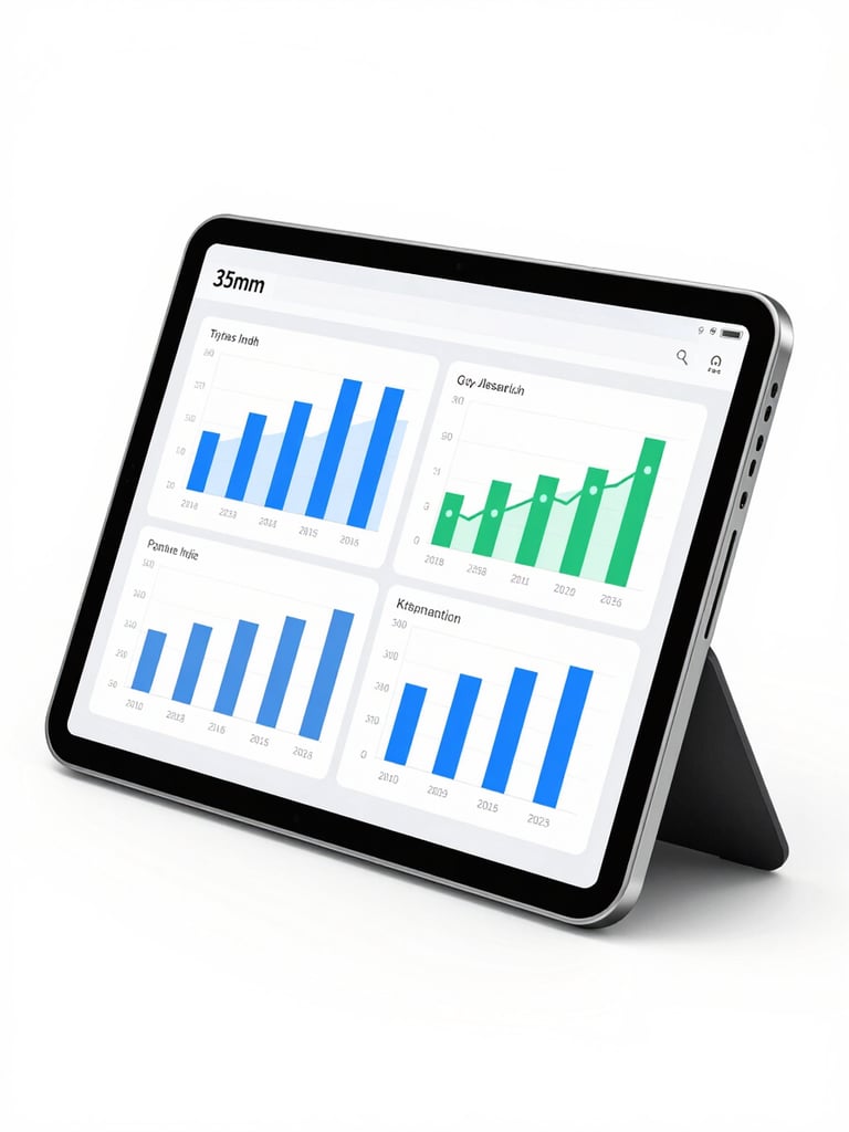 A modern tablet displaying a clean financial health dashboard with blue and green charts, bright high-key studio lighting, white background, sharp focus, 35mm lens