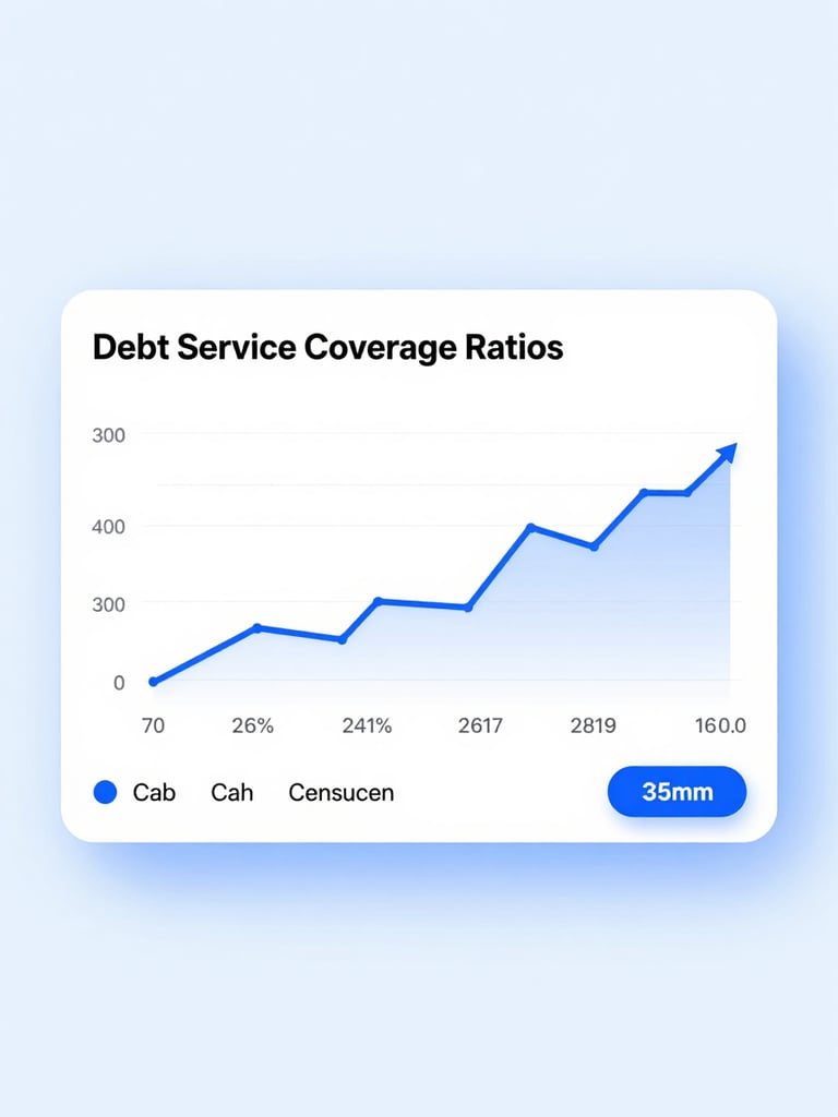 A clean minimalist UI dashboard illustrating debt service coverage ratios and cash flow trends, bright studio lighting, corporate blue tones
