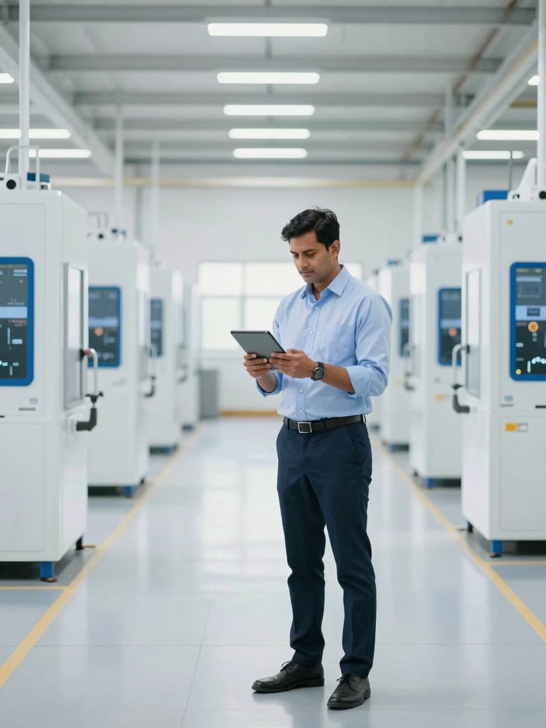 A clean modern factory floor in Pune, a professional Indian business owner in active work clothes looking at a tablet, bright natural daylight