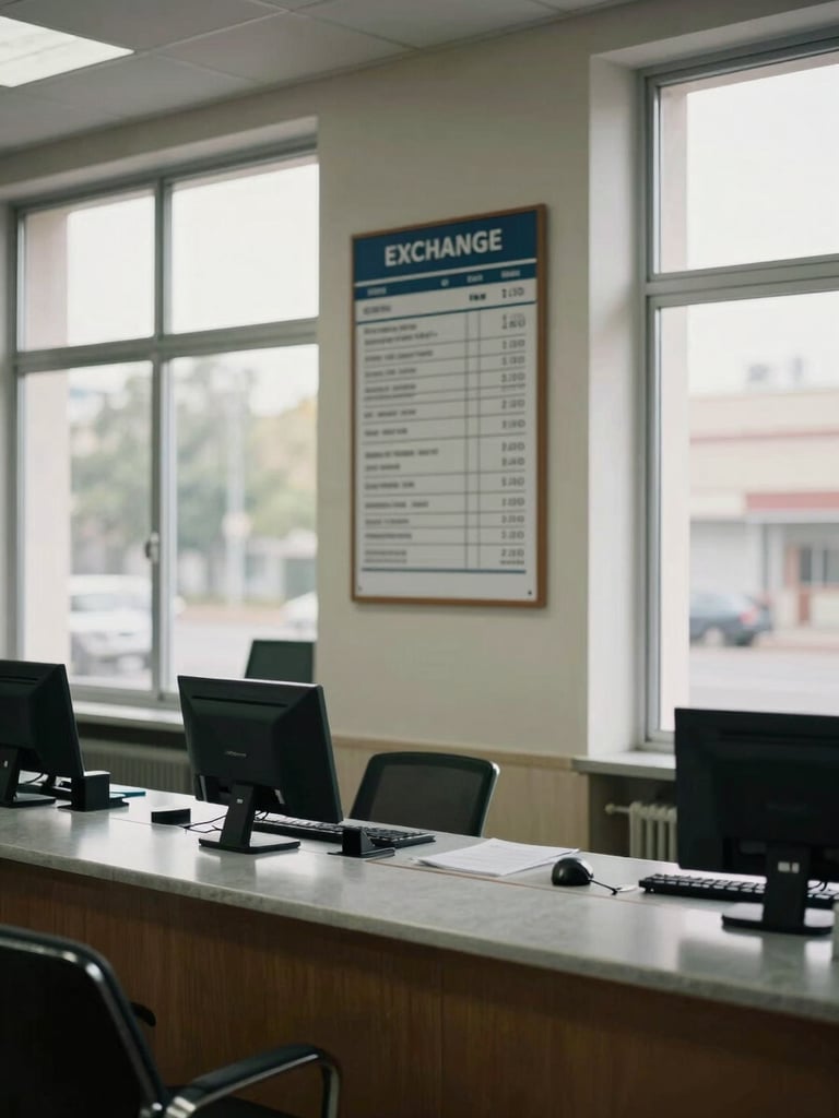 Medium shot of a professional exchange office interior, neutral daylight through wide windows, a polished counter surface in the foreground with an official rate board mounted on the wall behind it, orderly and precise, documentary framing that reveals institutional calm and process
