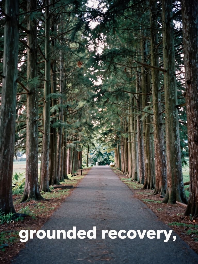 A quiet outdoor path winding through tall cedar trees, soft diffused morning light filtering through branches, representing grounded recovery.