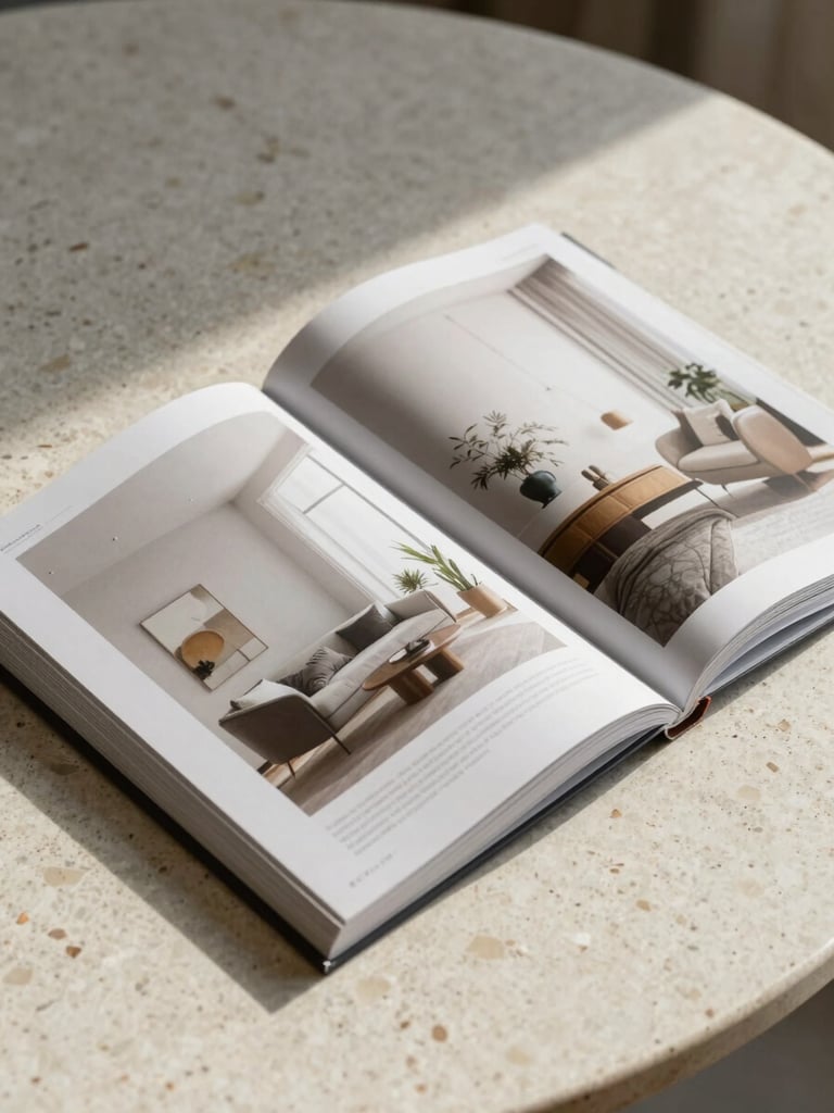 A premium hardcover interior design magazine lying open on a travertine table, showing editorial pages of neutral interiors, soft shadows.