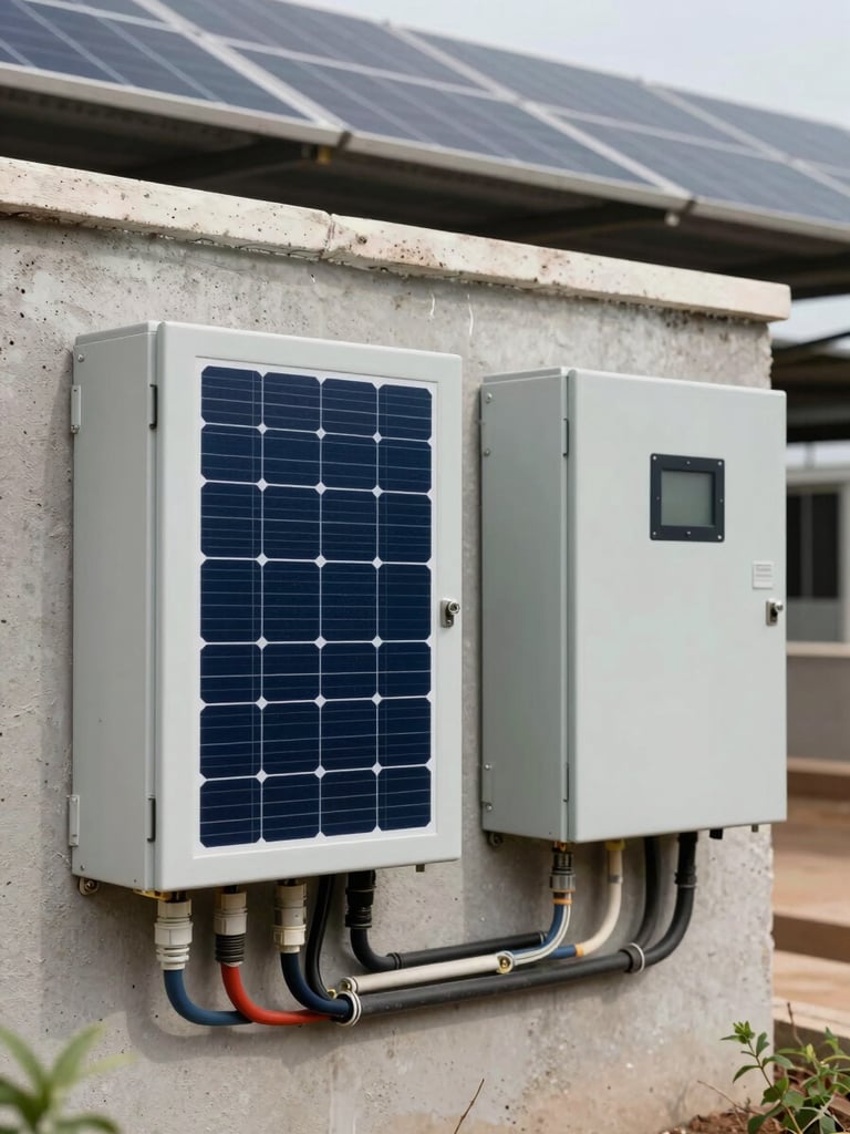 Close-up wide shot of solar inverter units and electrical junction panels mounted on a concrete wall at an active installation site in Guinea, natural daylight, exposed conduit and wiring visible, technical detail foregrounded, background shows the edge of a solar array on a rooftop
