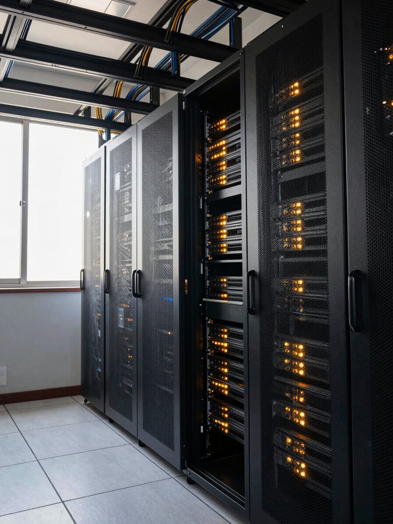 Wide shot of an active server room in Conakry, overhead cable trays and blinking rack lights in rows, natural daylight entering from a side window, architectural framing showing system scale and infrastructure depth