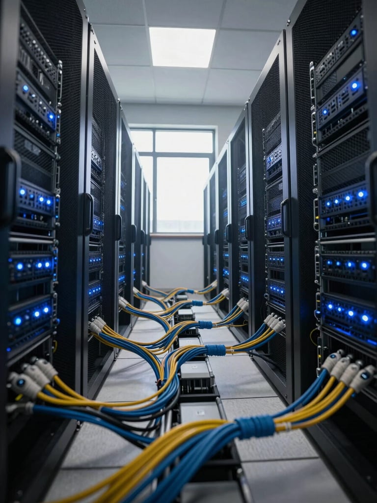 Wide panoramic view of a server room in an African city office, rows of active rack servers illuminated by cool blue indicator lights, foreground cables in sharp focus, deep perspective toward the back wall, natural light from a high window cutting across the infrastructure