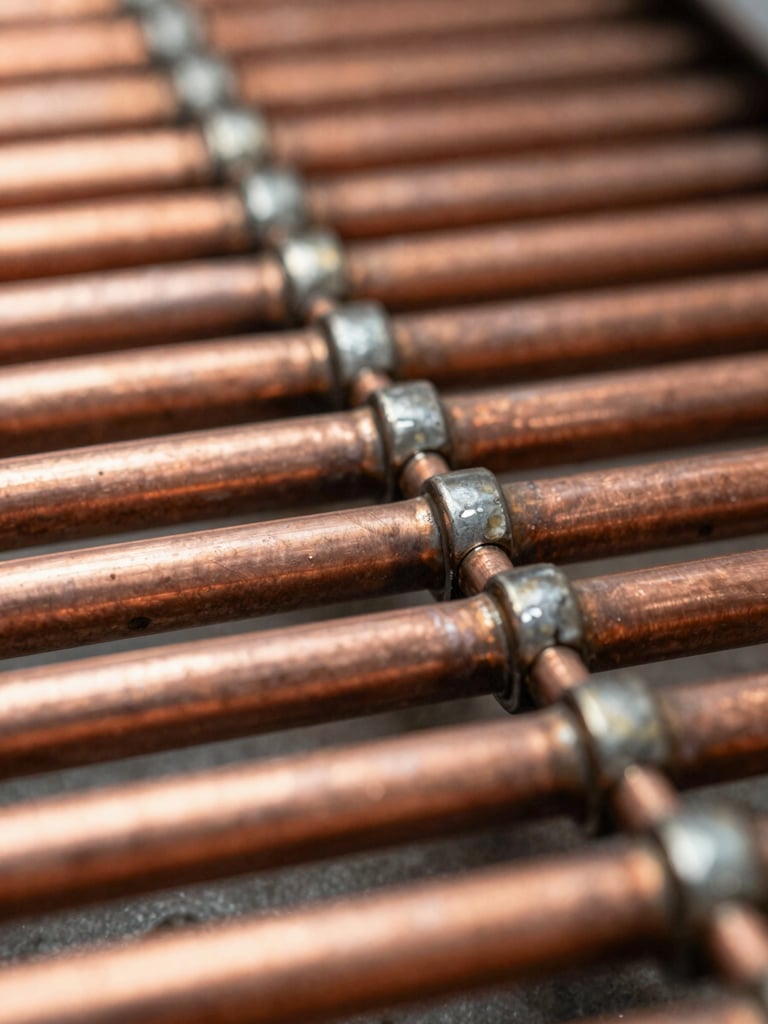 Close-up of neatly aligned copper pipework with clean solder joints under focused daylight, technical precision.