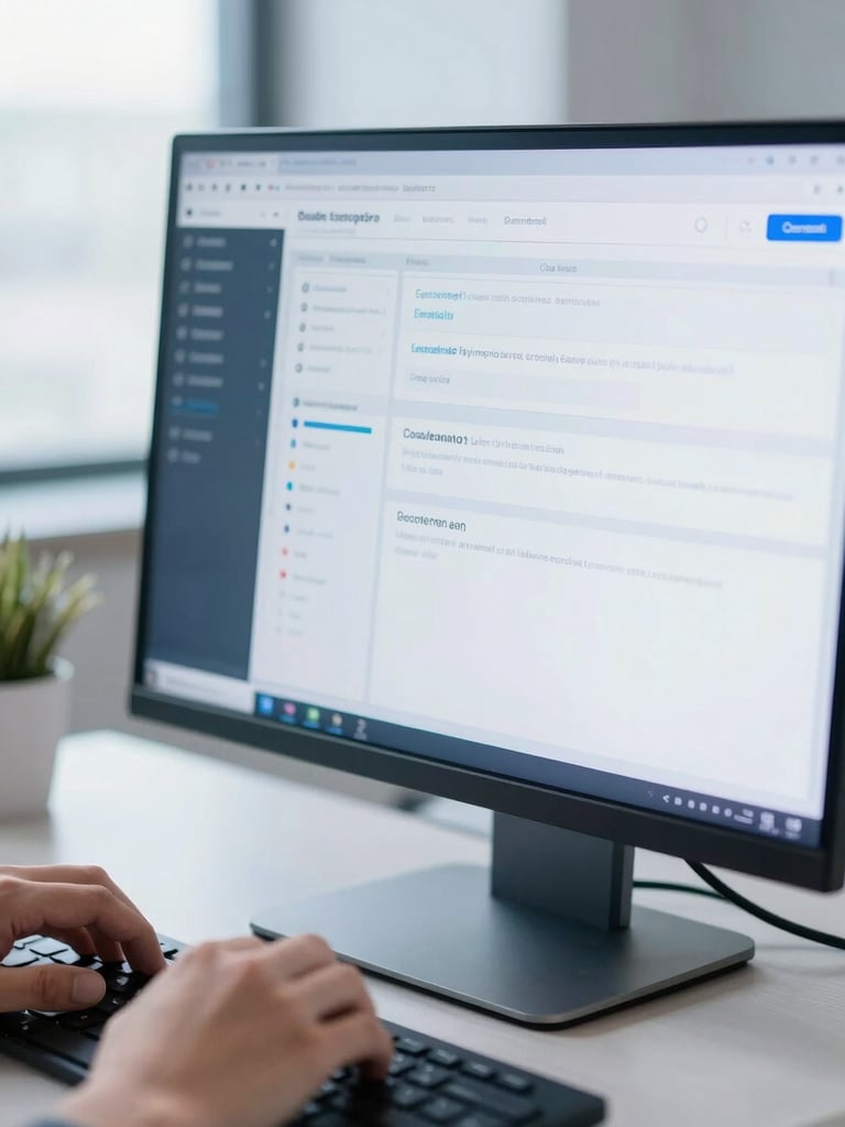 Close-up of a clean digital workspace dashboard on a modern screen, hands typing on a keyboard, soft natural daylight, cool blue tones, sharp focus