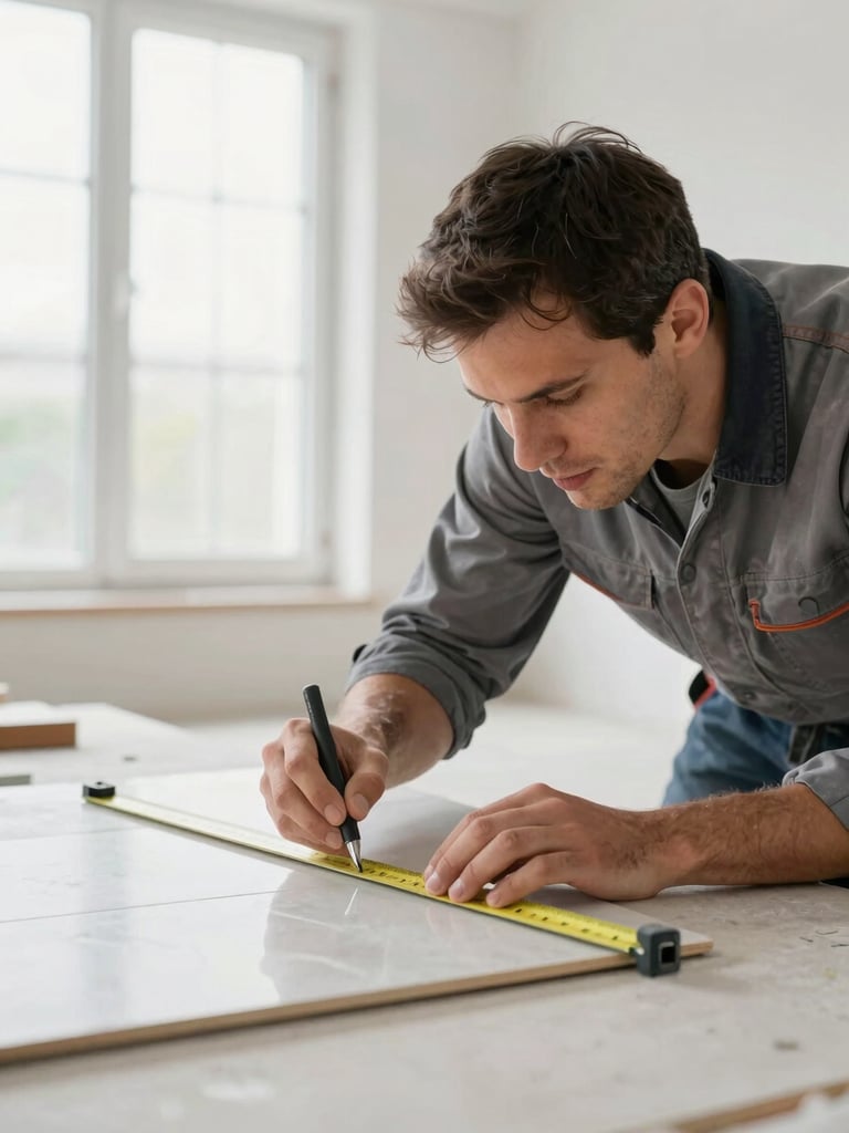 Candid shot of a skilled remodeler, wearing a work shirt, carefully measuring a tile on a job site, natural light from a window. Focus on hands and tools, clean background.