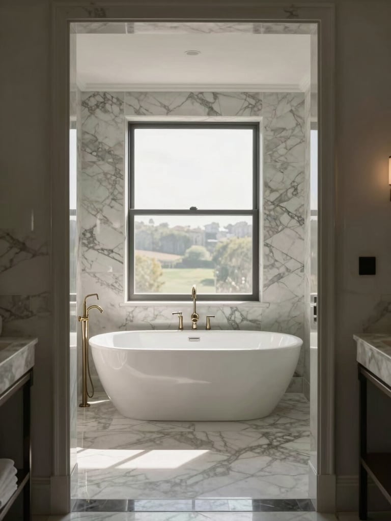 Wide environmental shot of a finished luxury master bathroom, natural window light streaming across a freestanding soaking tub, white marble walls and dark matte fixtures visible in full room framing, no people, soft overcast daylight fill, shot from the doorway threshold showing the full depth of the space