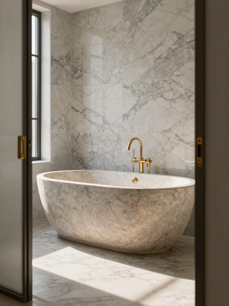 Close-up environmental frame of a luxury bathroom interior, camera angled from the doorway revealing a freestanding stone soaking tub positioned against a wall of large-format marble tile, natural window light from the left casting a long soft shadow across the floor, brushed-gold fixtures in sharp detail, no people, rich texture across the full frame