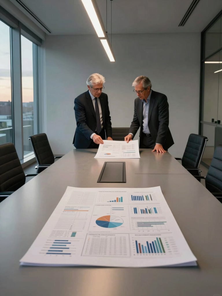 Wide environmental shot of a modern boardroom at dusk, two senior consultants standing at the far end of a long conference table reviewing a large printed strategy document under architectural pendant lights, north-facing window light casting clean shadows across the table surface