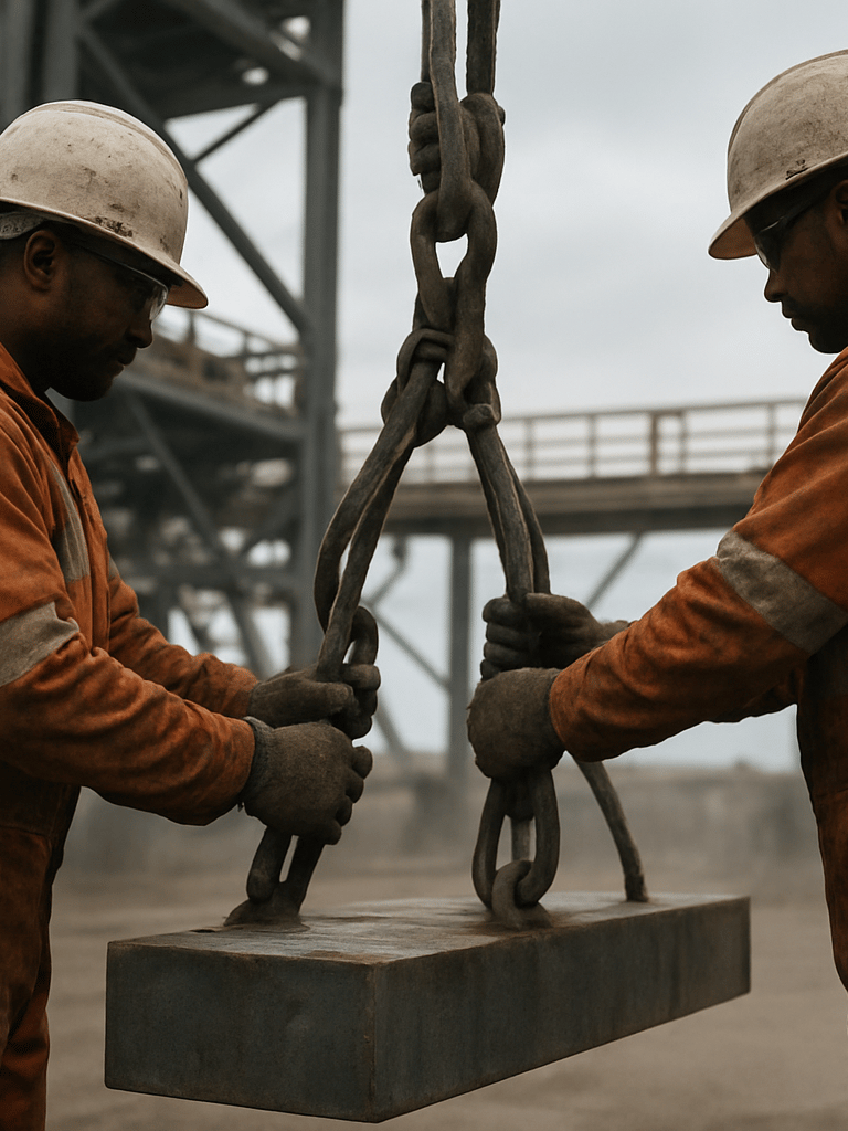 Portrait frame — tight on two riggers in full PPE securing a steel load on an active industrial platform in Al Jubail, overcast daylight, hard-hat silhouettes against grey steel structure, hands gripping rigging hardware mid-lift, dust visible at ground level