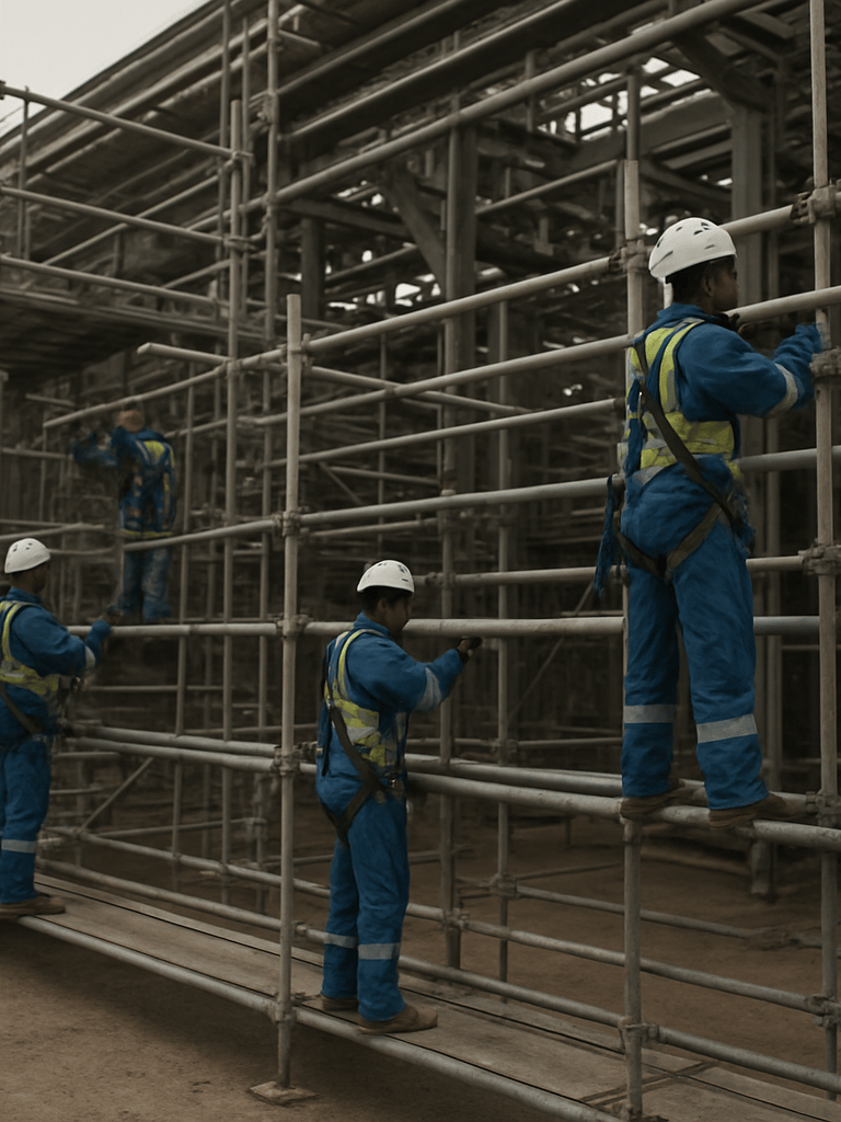 Wide environmental shot from the right edge, scaffolding assembly crew mid-process on an industrial Al Jubail petrochemical site, overcast cool daylight, workers in full PPE securing horizontal tubes at elevation, steel structure filling the frame background, natural site dust visible in the foreground