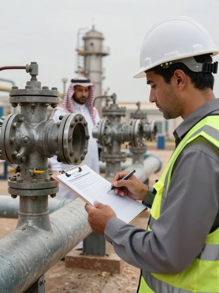 Tight framing on a QC inspector at eye level with industrial pipe flanges on an active Saudi petrochemical site, overcast natural daylight, hands holding an inspection clipboard with equipment visible in sharp focus behind, hard hat and safety vest, no studio lighting, gritty site atmosphere