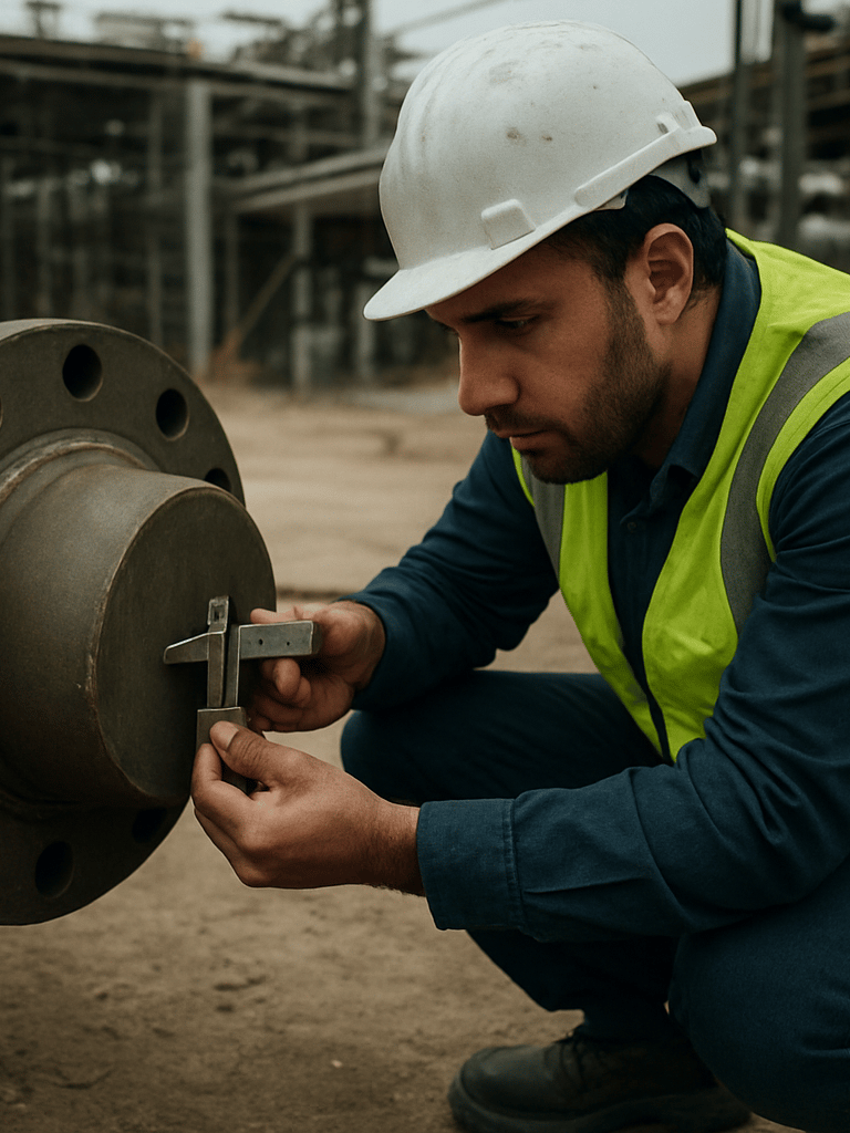 Tight environmental shot of a QC inspector crouching at eye level with a large flanged pipe fitting on an active Saudi industrial site, inspector's hands holding a calibrated measurement gauge against the weld seam, hard hat and high-visibility vest, overcast flat daylight from above, steel and dust in background, documentary realism