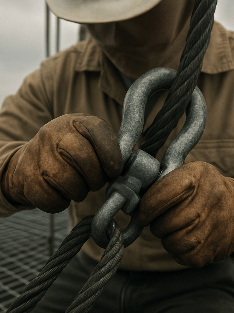 Tight frame on a rigger's gloved hands securing a heavy shackle to a load line on an active industrial platform, overcast Al Jubail daylight, steel grating underfoot, hard-hat visible at the top of frame